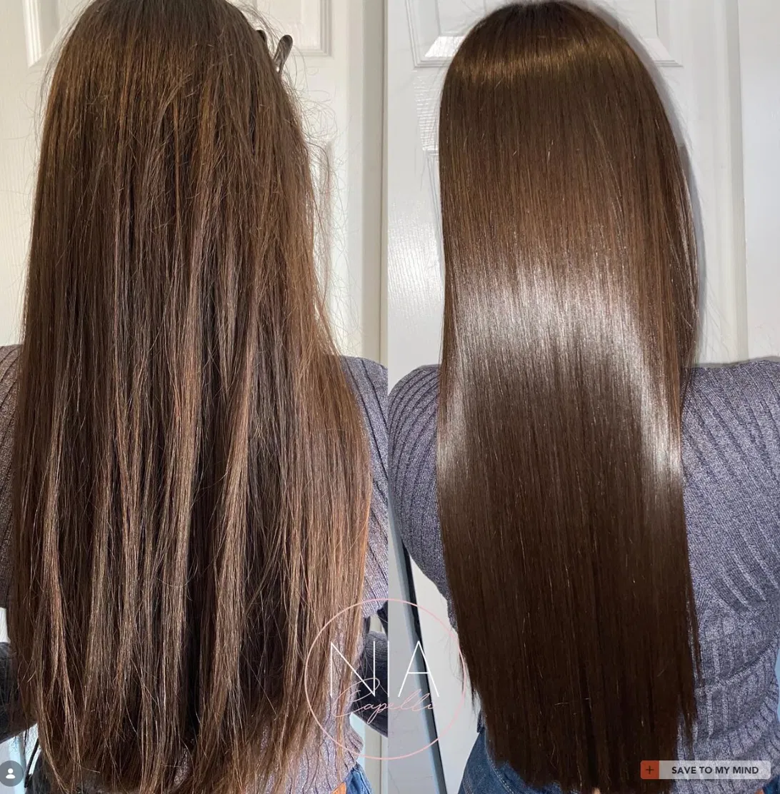 Before and after hair smoothing transformation, client one