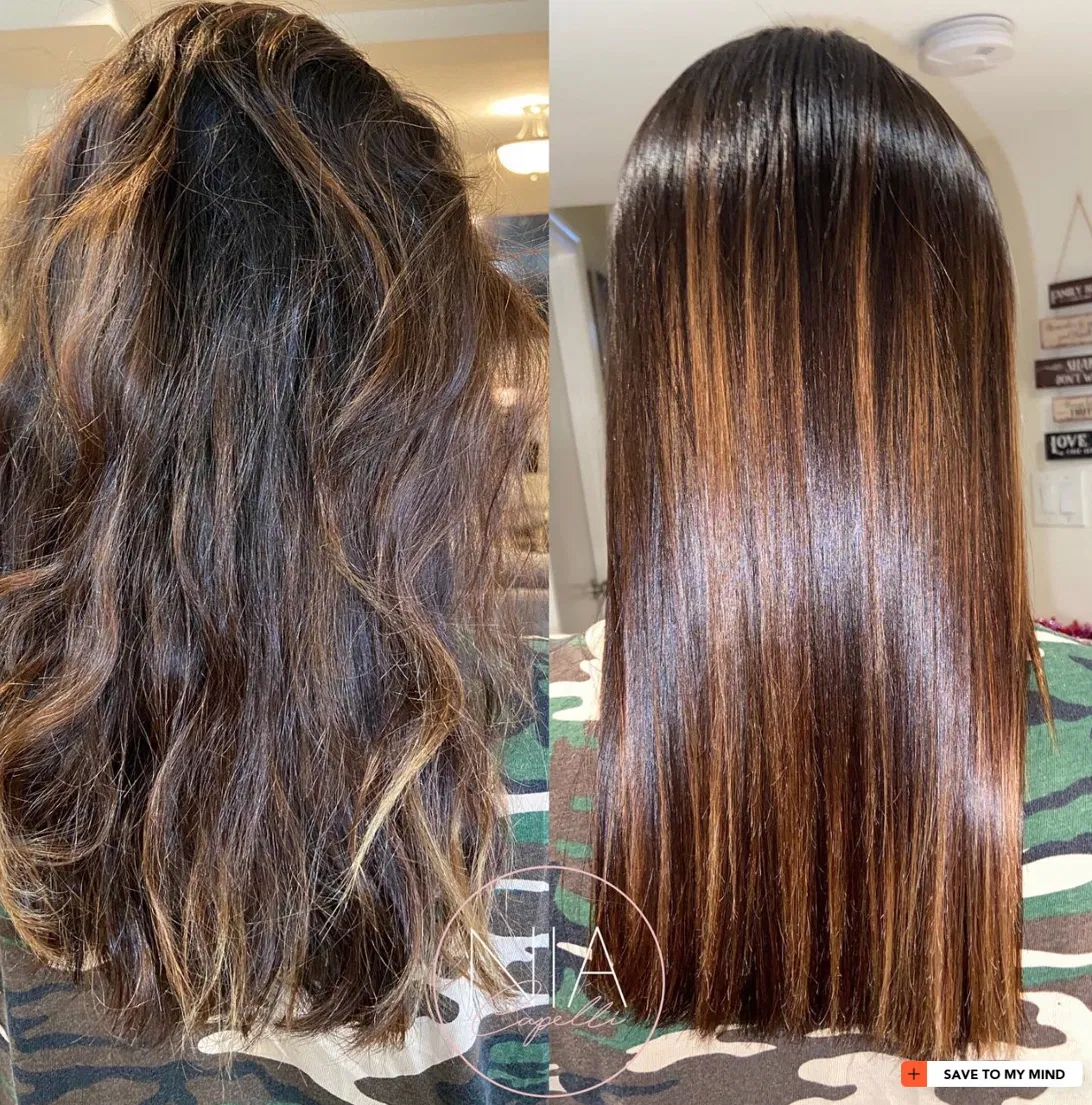 Before and after hair smoothing transformation, client two
