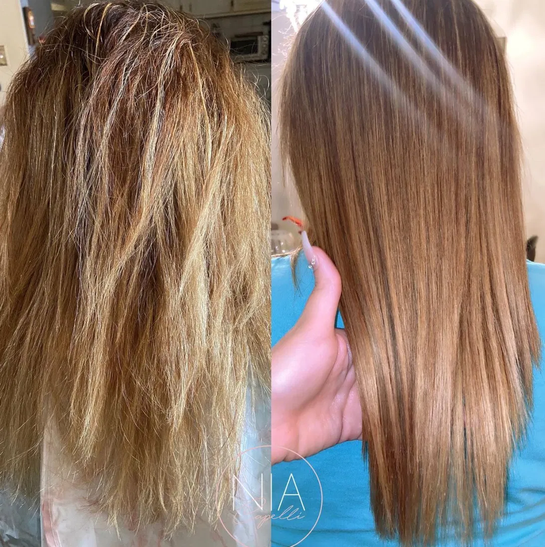 Before and after hair smoothing transformation, client three