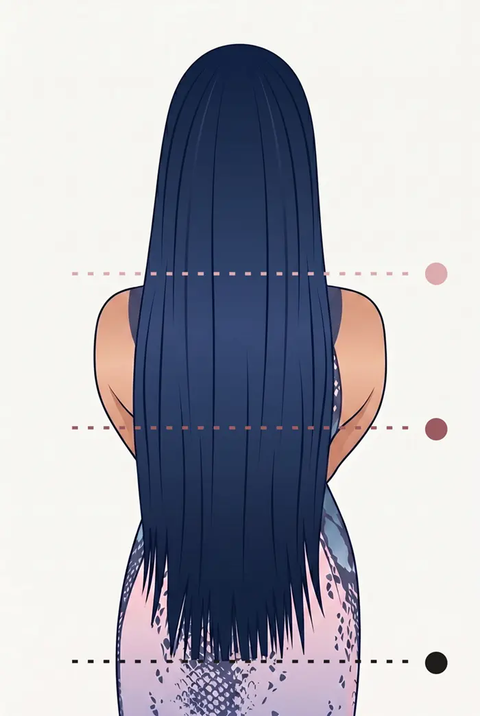 Illustration of long hair with markers showing short, medium, and long length tiers